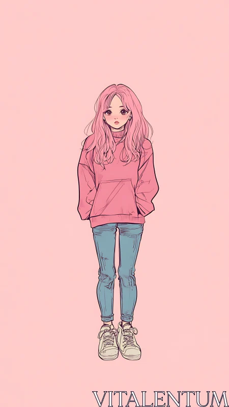 Pink hoodie girl stands shyly on soft monochrome background.