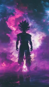 Celestial warrior silhouette in neon cosmic vapor composition.