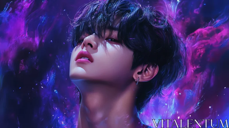 Iridescent portrait of androgynous figure in neon nebula glow