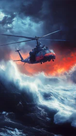 Rescue helicopter fights storm above raging ocean waves.