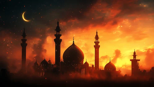 Digital painting of mosque silhouettes at ember-lit dusk.