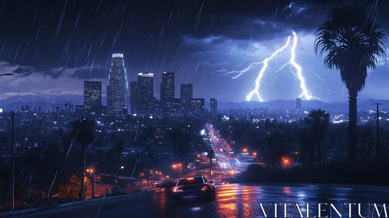 Night city skyline with lightning storm over wet highway.
