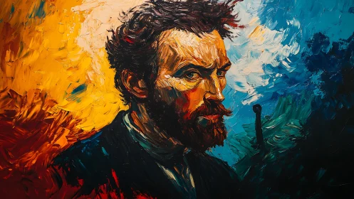 Bold brushstroke portrait glowing with fiery color and depth.