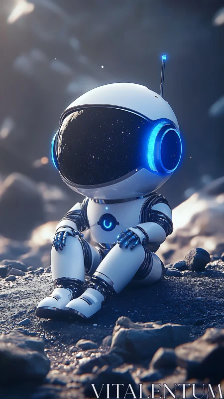 Cute explorer robot rests quietly on a rocky alien world.