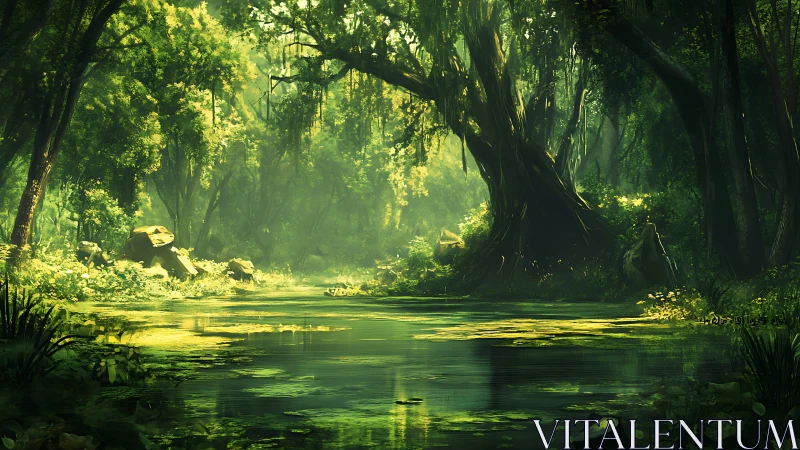 Enchanted Forest Stream with Mystical Light and Ancient Trees