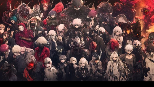 Digital painting ensemble of monstrous anime antiheroes hierarchy.