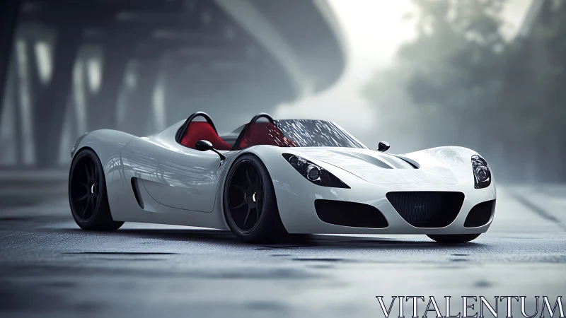 Futuristic white roadster stands poised on a misty urban street.
