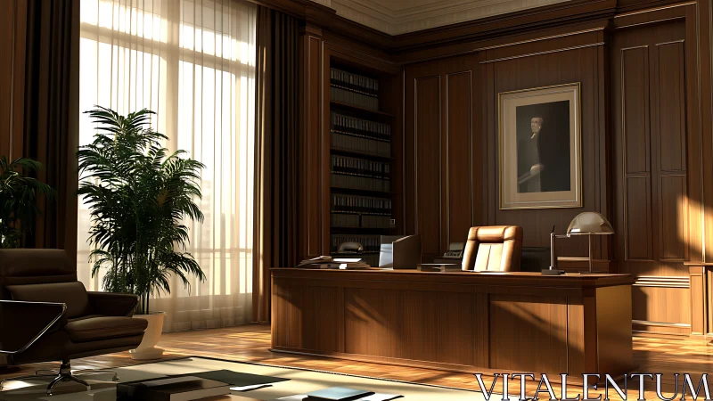 Executive wooden office interior receives warm morning light