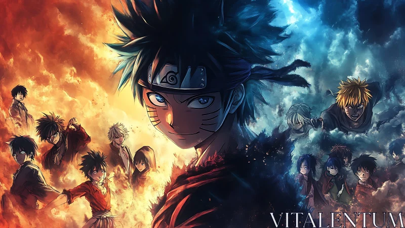 Fiery and icy split anime hero surrounded by rival figures.