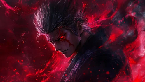 Silver haired male figure with red aura in profile view.