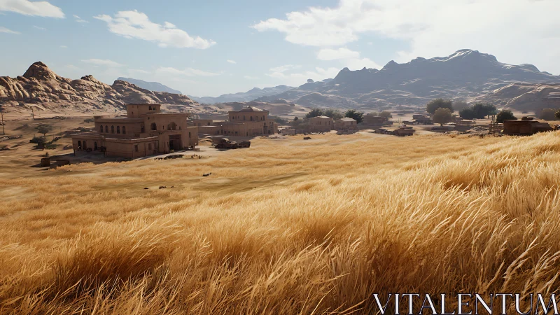 Desert village sits beyond windblown golden grassland field