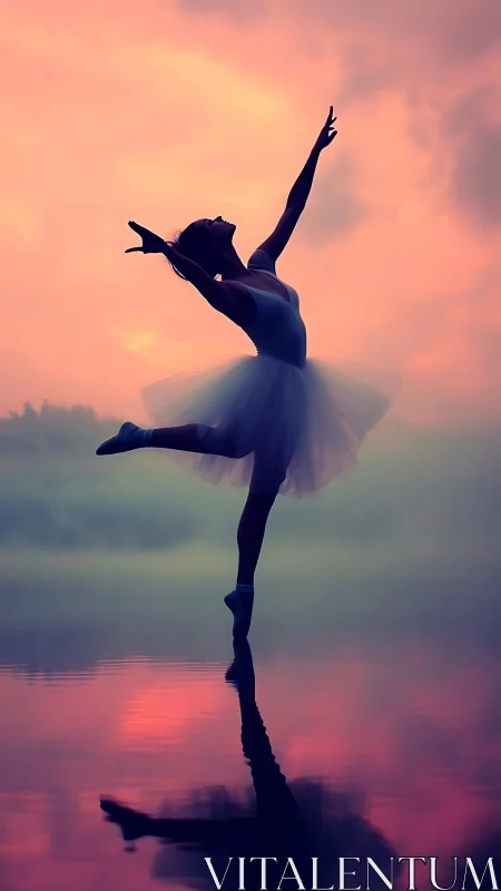 Graceful ballerina silhouette dances over misty water at dusk