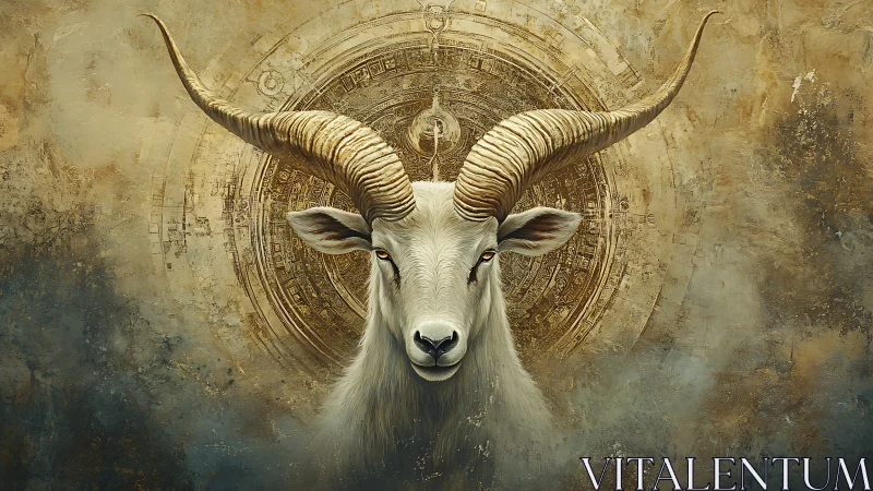 Mystic horned goat before ancient celestial mandala.