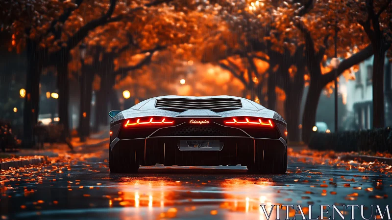 Supercar rear view in cinematic rainy autumn boulevard.