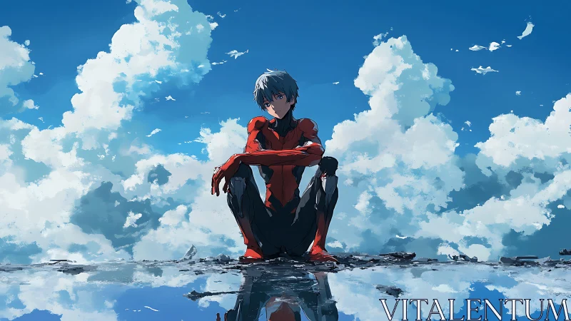 Quiet sky-gazing hero resting beside a shimmering mirror lake.