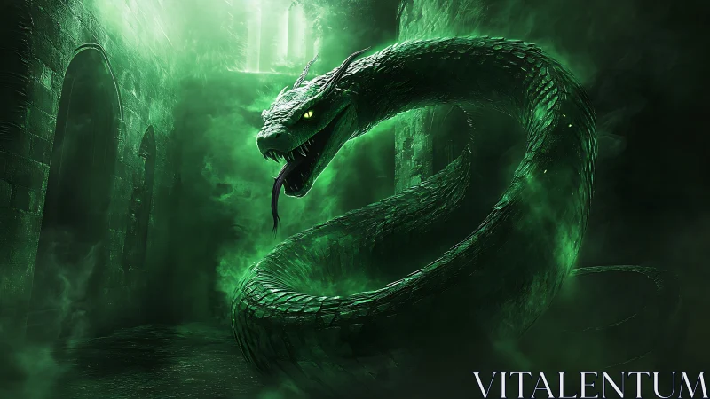 Emerald spectral serpent coiled in ruined gothic stone corridor