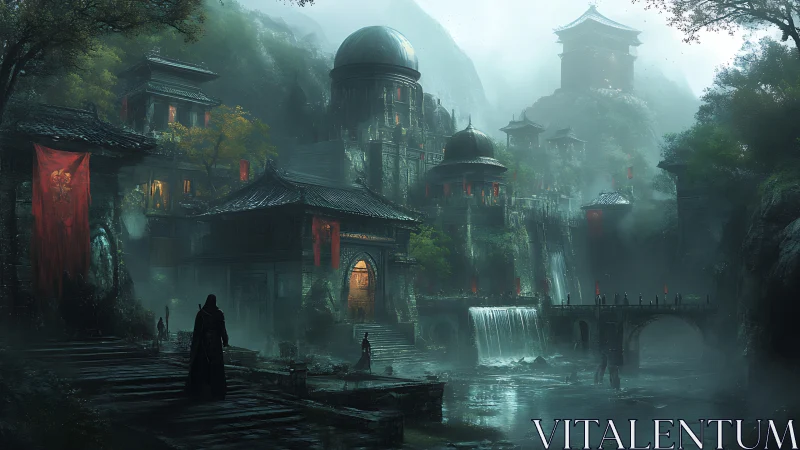 Fog-laden terraced citadel with cascading waterfalls and banners.
