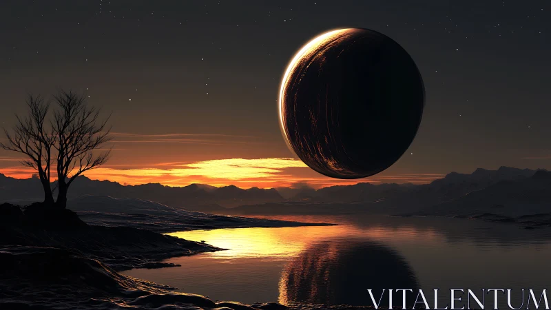 Eclipsed planet rises over alien lake at fiery twilight