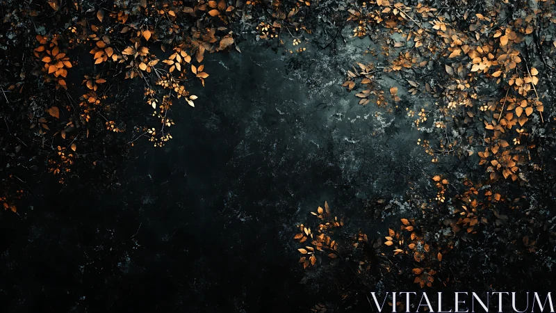 Dark textured background with scattered golden leaves.