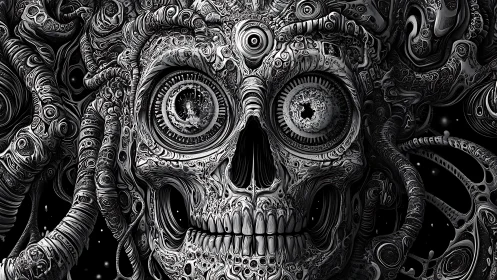 Monochrome biomechanical skull with intricate tentacled forms.