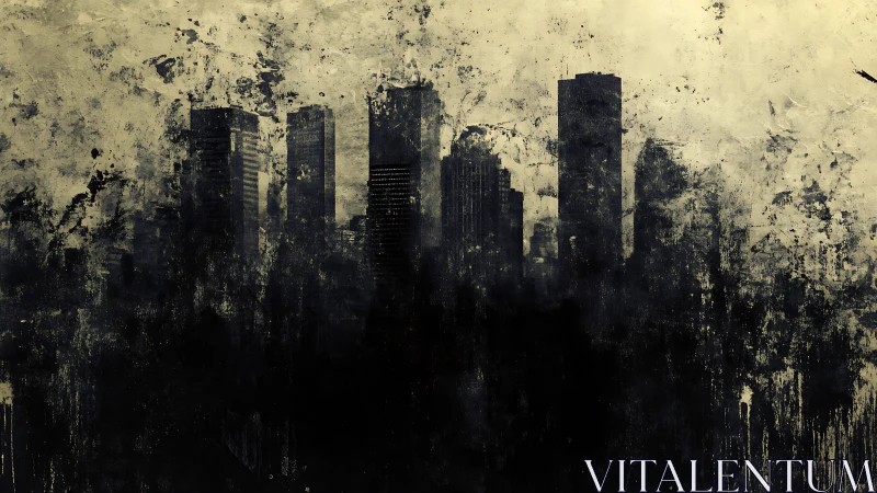 Decayed monochrome city skyline in textured grunge silhouette.