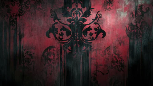 Baroque black damask melts over distressed crimson wall.