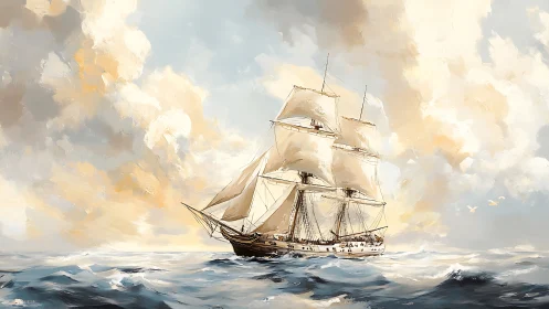 Tall ship under full sail on bright open ocean horizon.