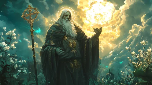 Elder mage raises hand toward radiant sunlit storm clouds