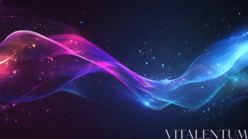 Neon energy waves stream through a starry cosmic void.