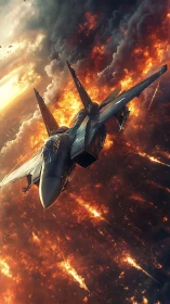 Fighter Jet Ascending Through Fiery Cloudscape with Explosive Sky.