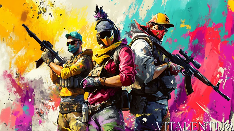 Color-splashed urban mercenaries guarding neon chaos streets.