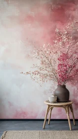 Pink ombre wall and dried florals create serene decor moment.