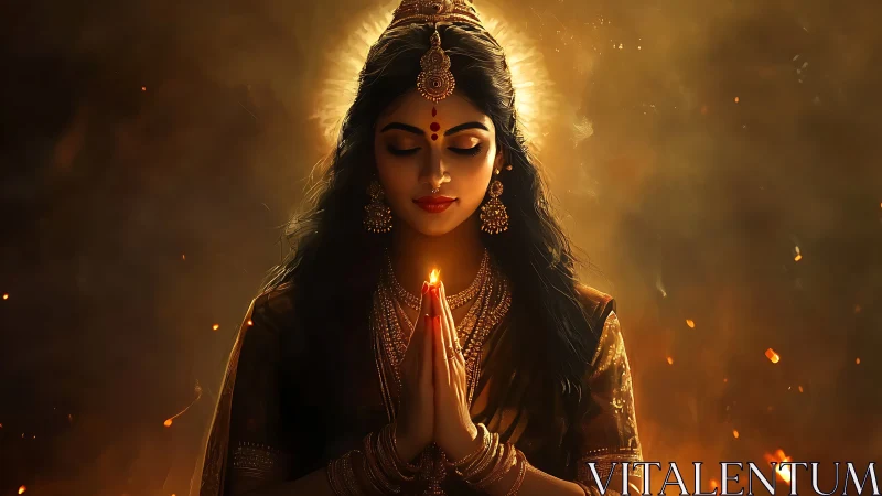 Golden prayer glow around serene woman in divine stillness.