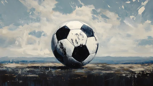 Weathered soccer ball rests on textured coastal field.