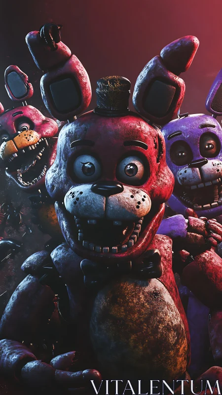 Terrifying animatronic bunnies lunge forward under red light.