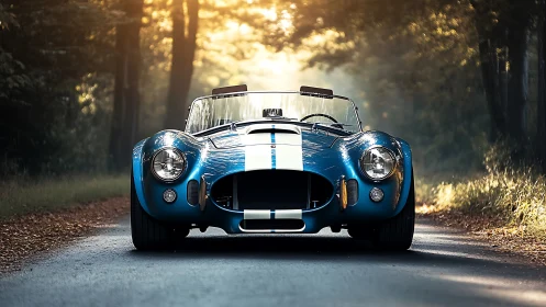 Sunlit blue roadster waiting on a quiet forest drive.