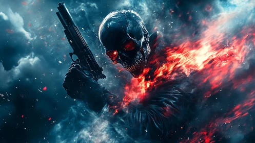 Flaming skeletal gunman in smoky blue and red environment.