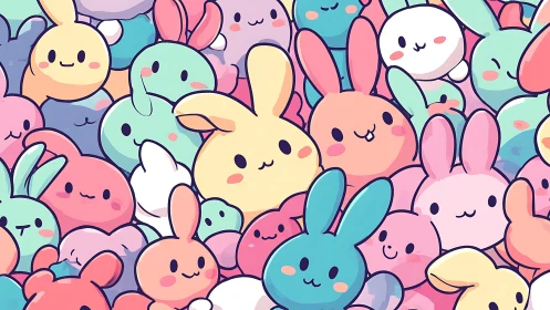 Pastel bunny crowd bursts with playful kawaii charm and joy