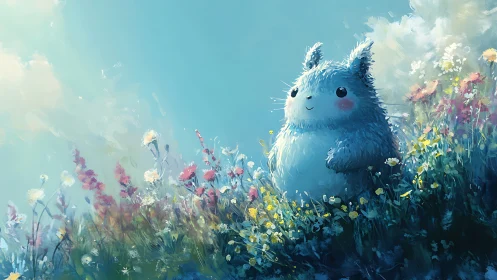 Fluffy blue creature in sunlit wildflower meadow dreamscape.