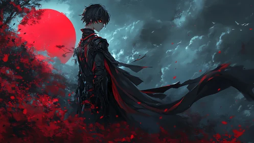 Dark warrior stands beneath a blood-red moon in storm.