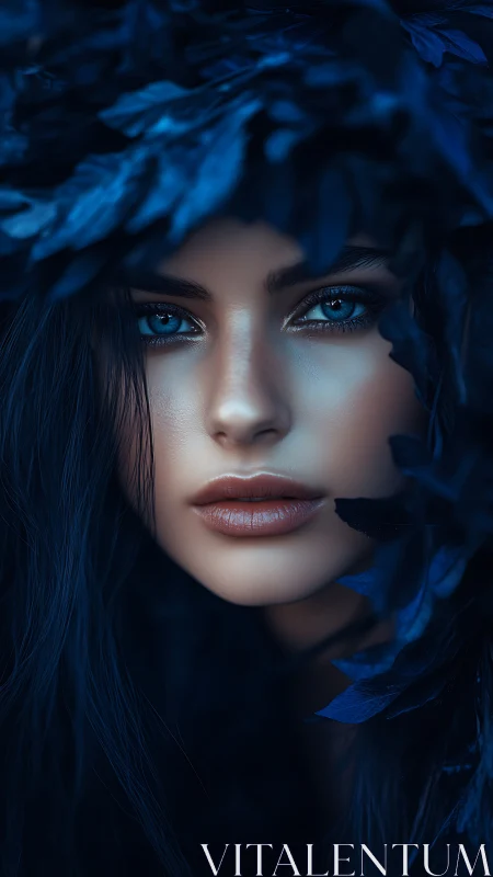 Midnight portrait with cobalt feathers and luminous gaze.