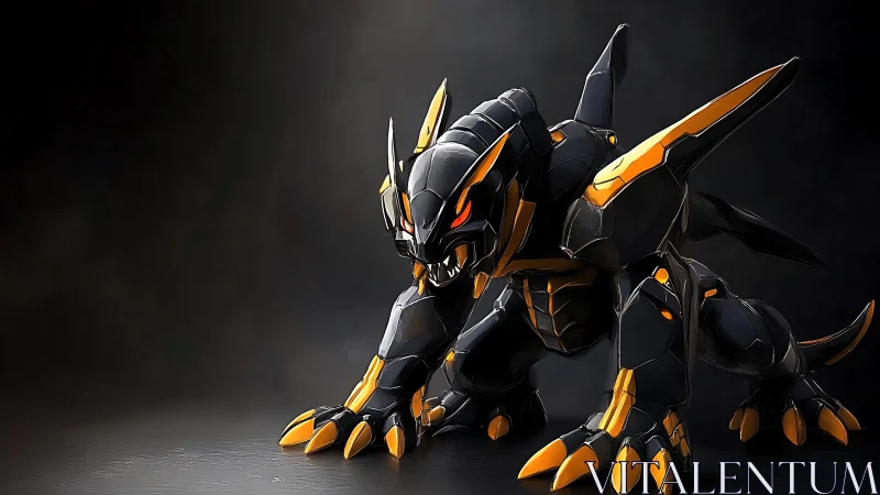 Fierce robotic dragon hound poised in glowing battle armor.