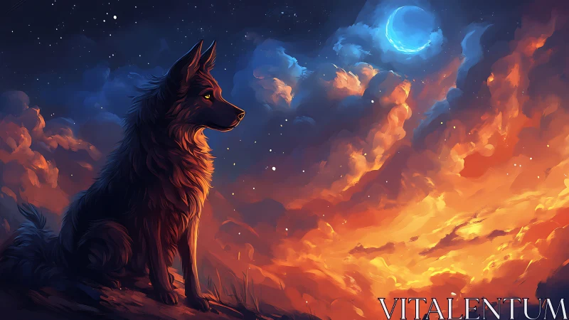 Lone wolf gazes at glowing crescent moon over firelit sky.