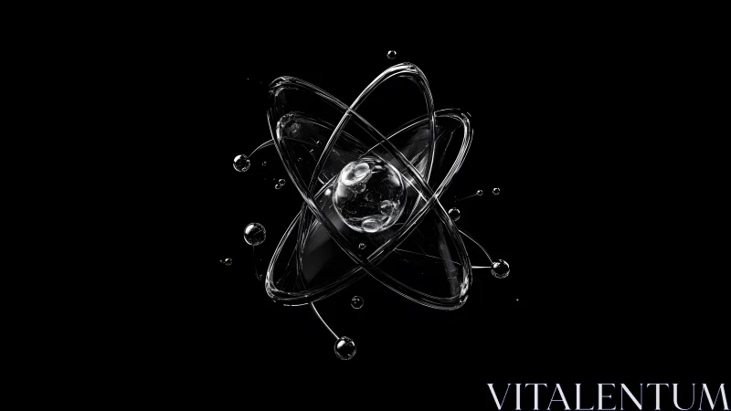 Transparent Glass Atom Model on Black Background, Digital Art.
