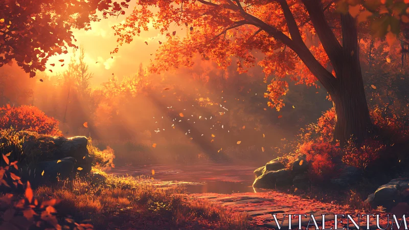 Autumn forest path beside stream under directional sunlight.