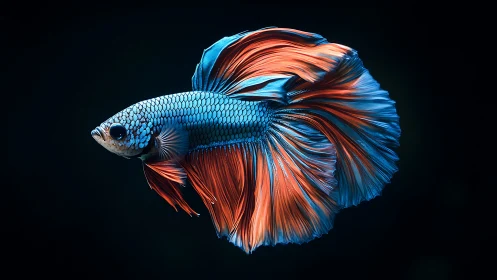 Vibrant blue and orange betta fish on dark black background.