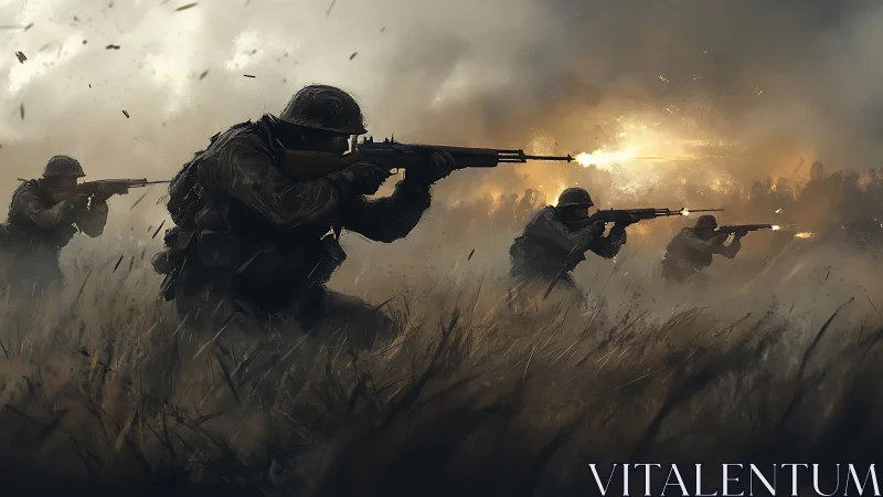 Flames of advance ignite the misty battlefield horizon.