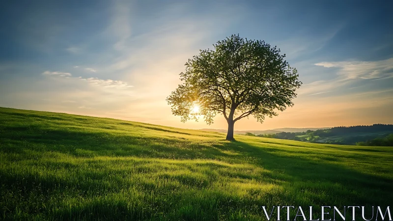 Sunlit tree welcomes a quiet evening over rolling hills