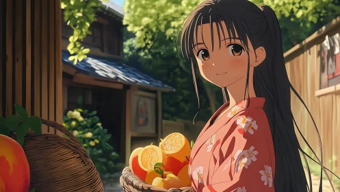 Summer market girl in floral yukata holding citrus baskets outdoors