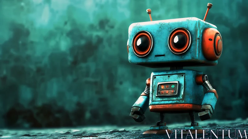 Cute teal robot stands against moody textured teal wall.